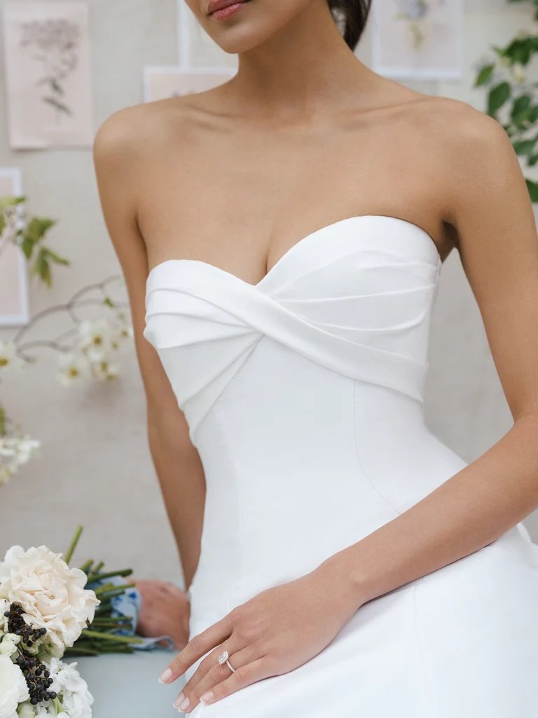 strapless silk wedding gown, anne barge, strapless wedding dress with twisted top, twisted bodice, strapless wedding gown, strapless aline wedding gown, strapless anne barge wedding dress