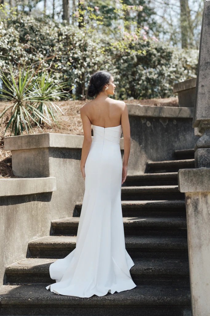 strapless anne barge wedding gown, strapless clean wedding gown, clean wedding gown, draped bodice wedding gown, asymmetric wedding gown