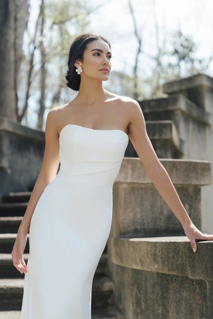 crepe wedding gown, anne barge crepe wedding dress, strapless crepe wedding dress, draped top wedding dress, strapless draped top wedding dress