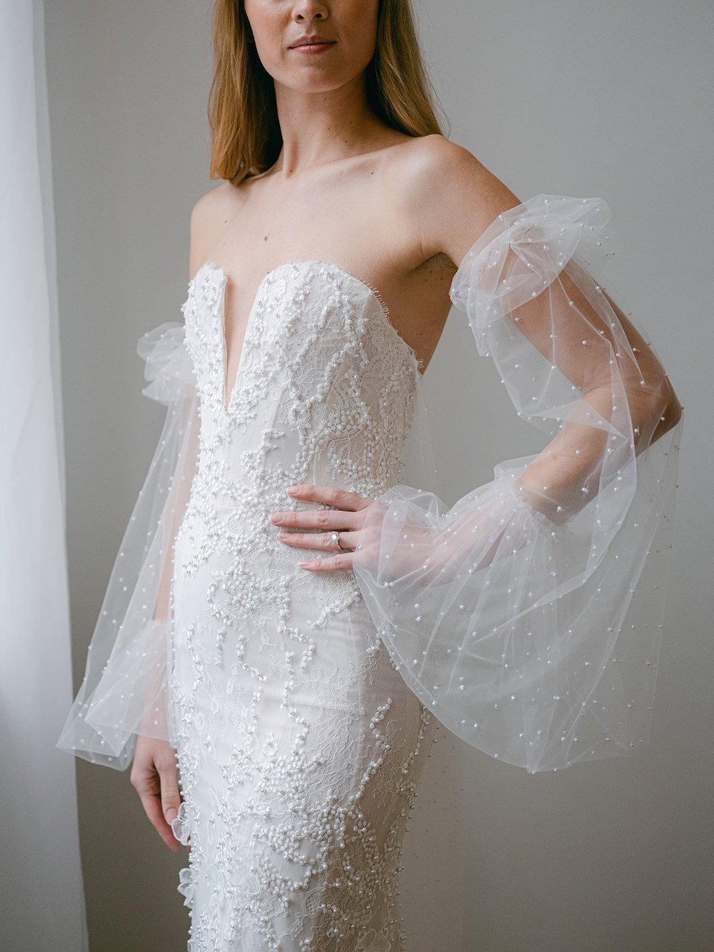 organza trumpet wedding dress 44501: Organza Trumpet Gown with Strapless Neckline and Ruched Bodice