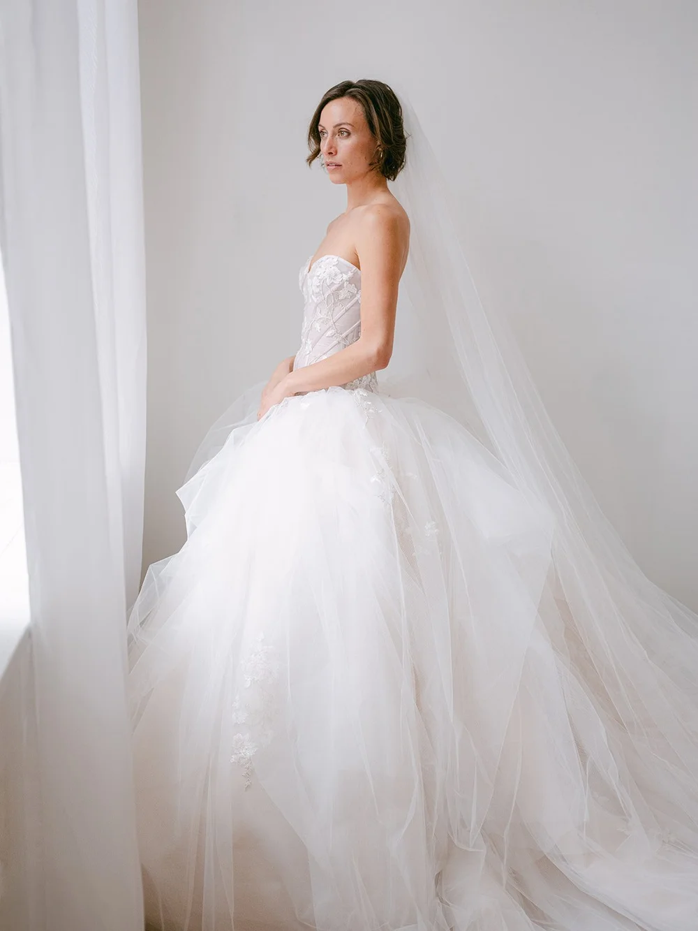 banded lace point d'esprit tulle wedding dress 66064: Bell Sleeve Lace Dress with Criss-Cross Back Detail