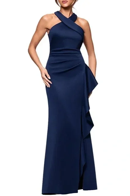 Navy Halter Neck Scuba Crepe Side Ruffle Sheath Gown