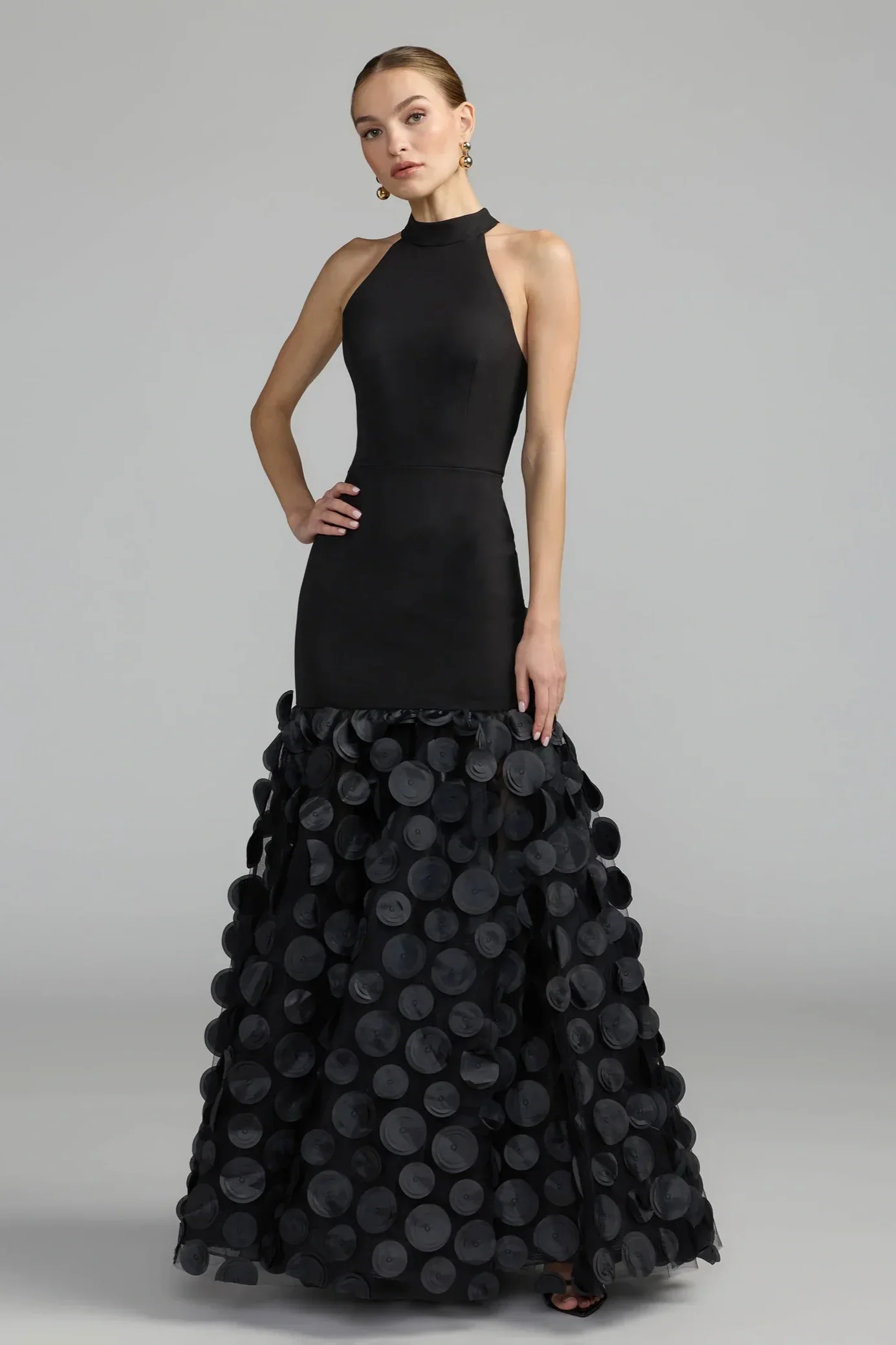 Black Sleeveless Halter Neck 3D Hem Gown