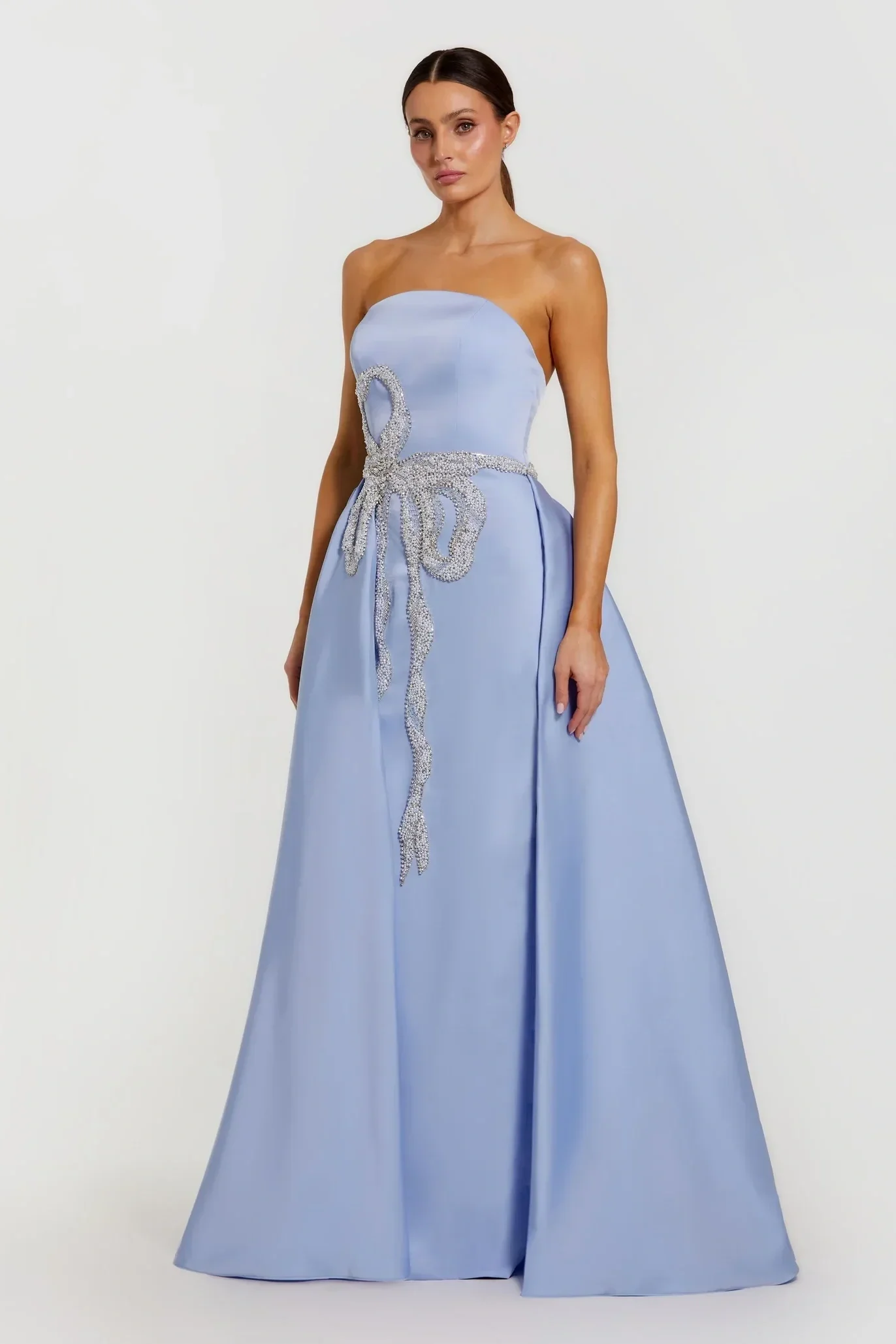 Blue Strapless Embellished Satin Gown with Overskirt with Bow Detailing