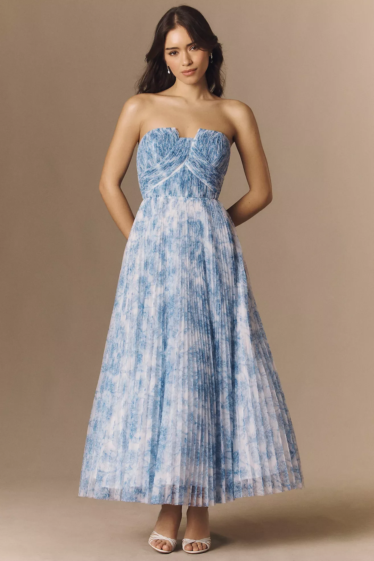 Strapless Blue Floral Tulle A-Line Midi Dress