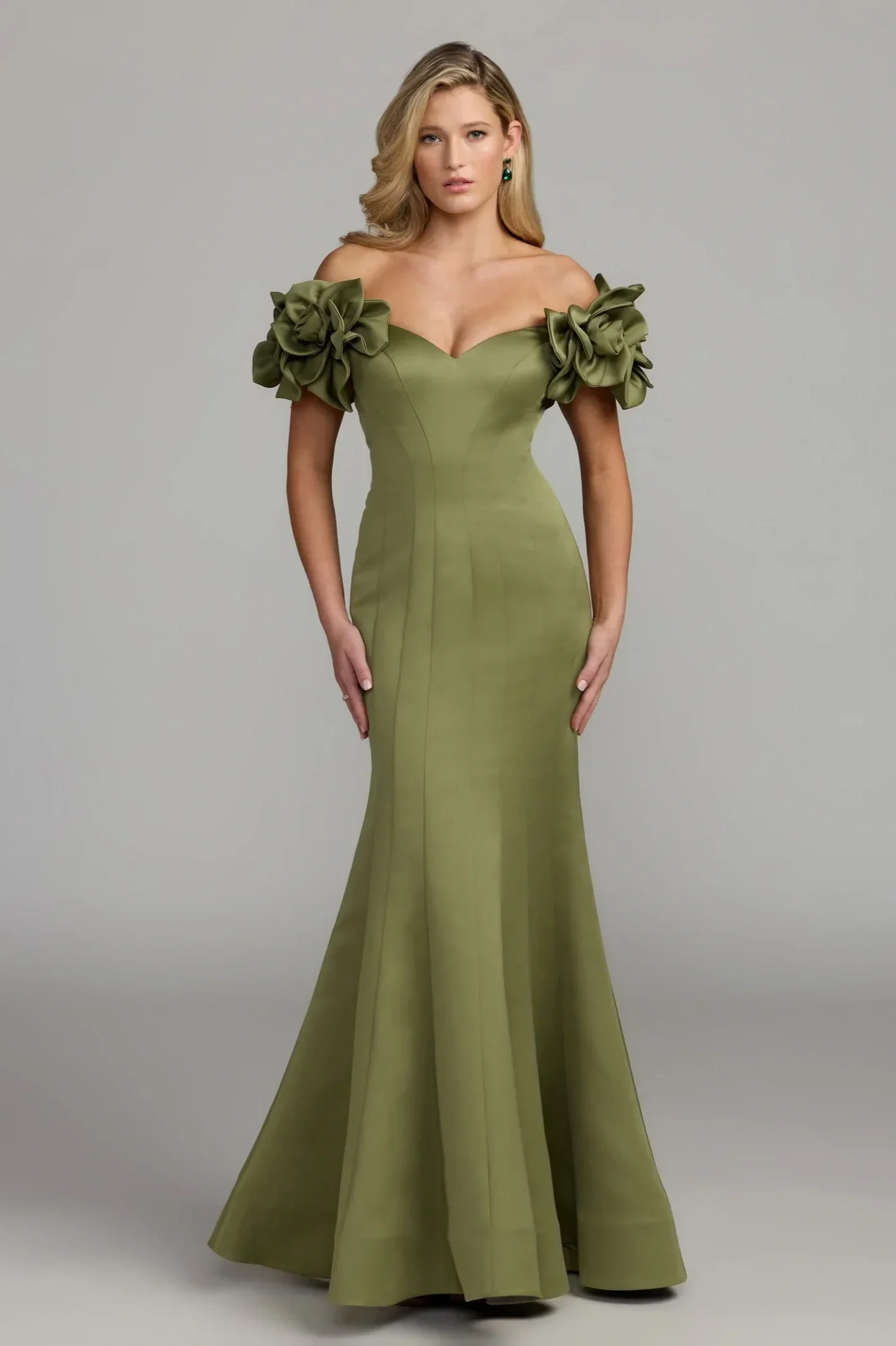 Green Off The Shoulder Gown With 3D Floral Sleeves
