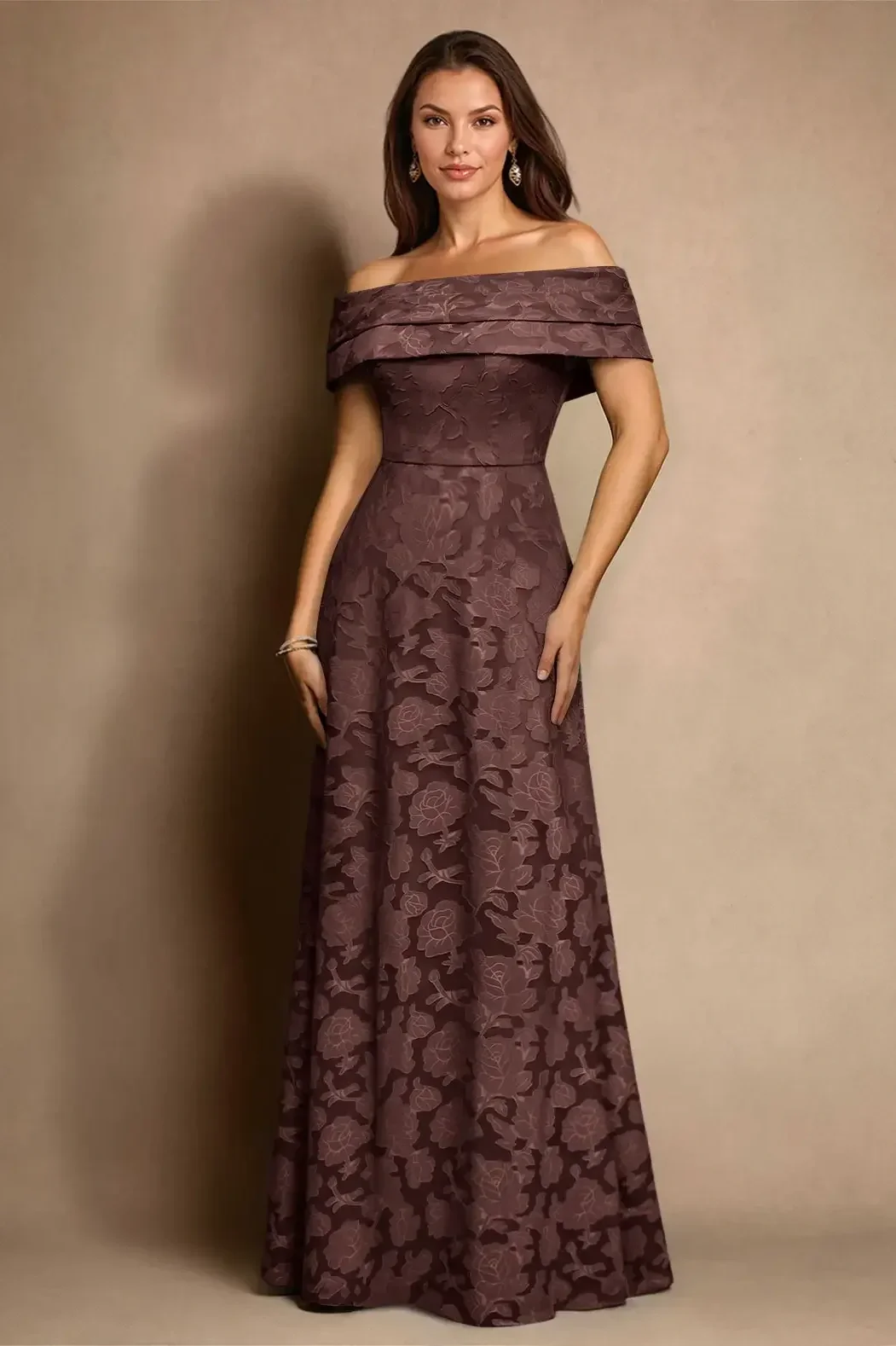 Espresso A-Line Pleated Floral Burnout Dress Off The Shoulder