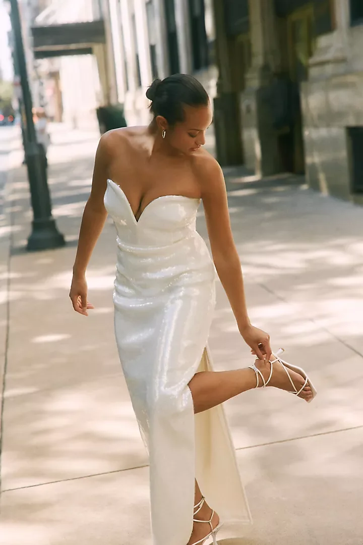Strapless White Sequin Dress with Side Slit and Sweetheart Neckline