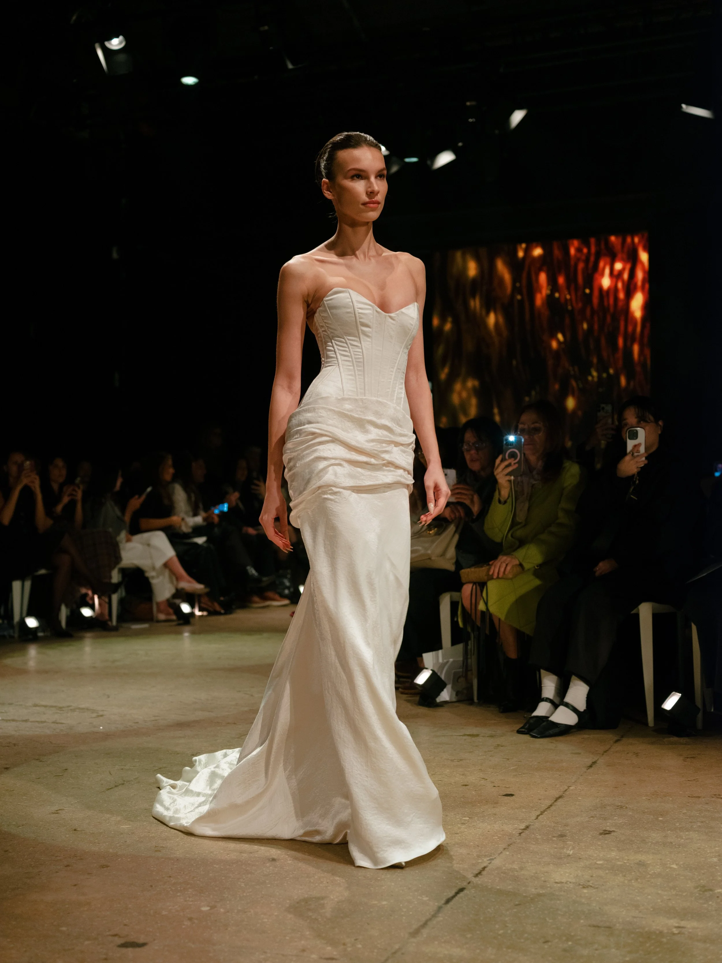 strapless corset satin ines di santo wedding gown. strapless sheath wedding dress with drapery and corset boning. new 2027 ines di santo ivory strapless wedding dress
