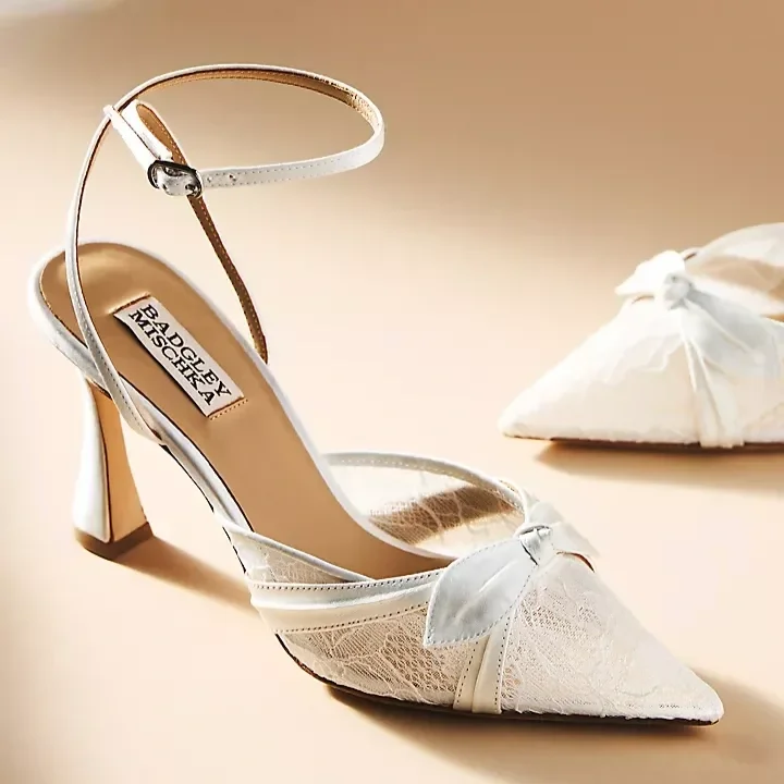 Satin Lace Pointed-Toe Wedding Heels with Bow