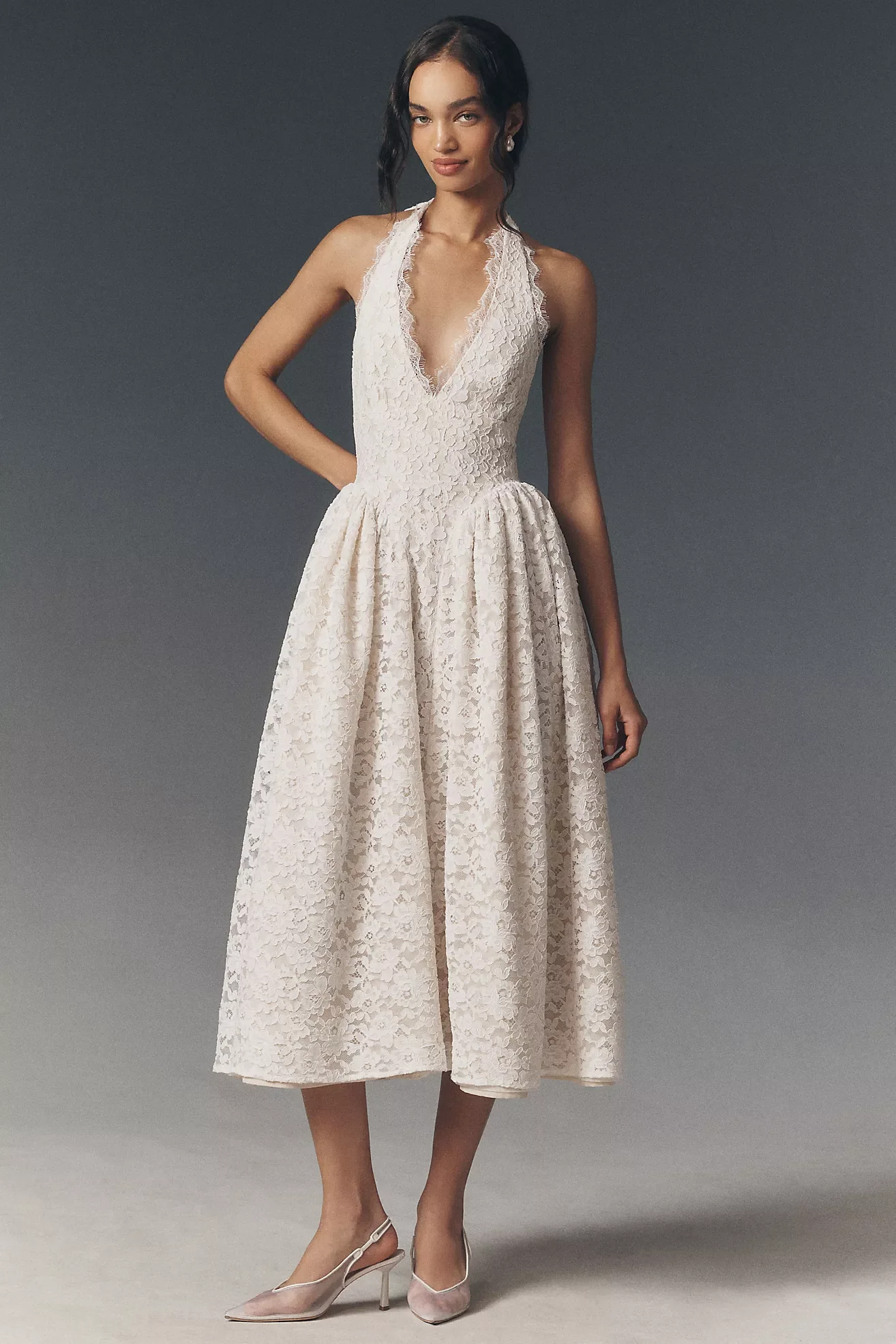 Lace Drop-Waist Plunge Maxi dress Rehearsal dinner