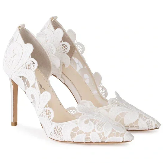 Swan-Lake Inspired embroidered lace heels with pointed toe and removable ankle straps