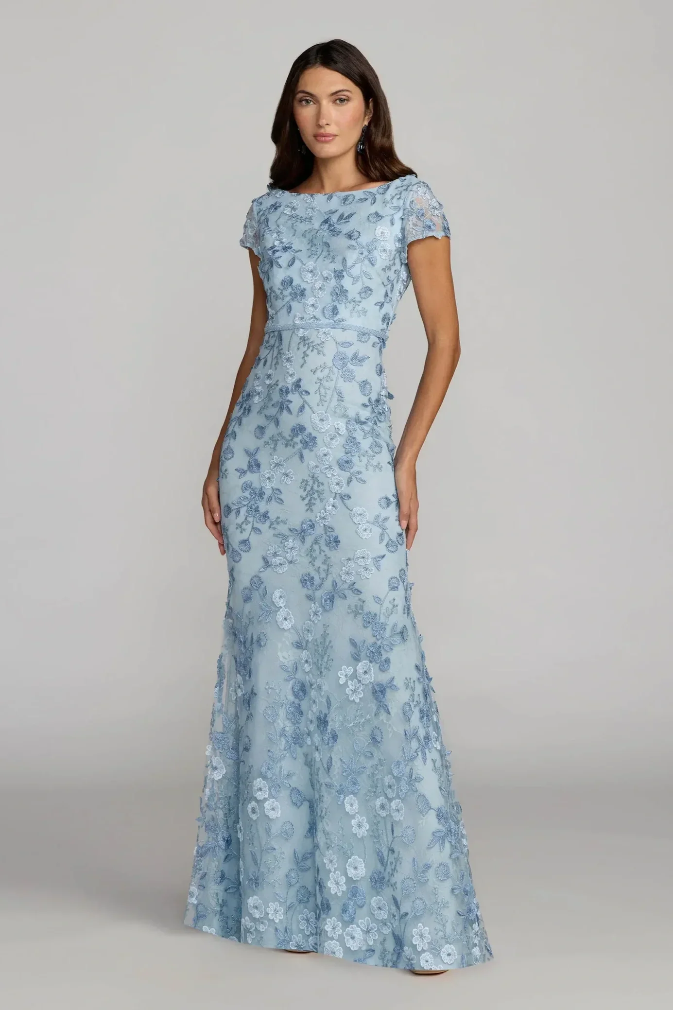 Blue Floral Applique Boat Neck Cap Sleeve Gown