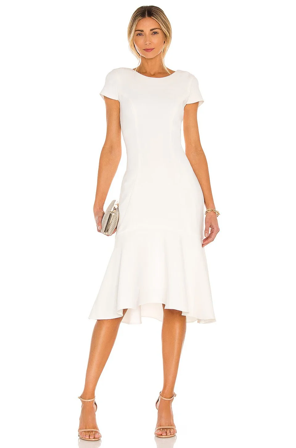 White rehearsal dinner dress with ruffle bottom and cap sleeves