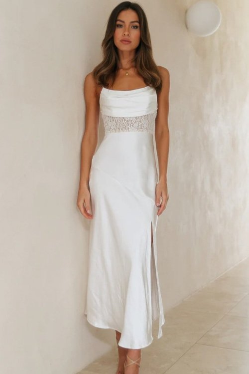white christmas dresses ZAPAKASA Women White A Line Long Rehearsal Dinner Dress with Slit Halter  Ruffled Cut Out Sleeveless Engagement Dress main image 1