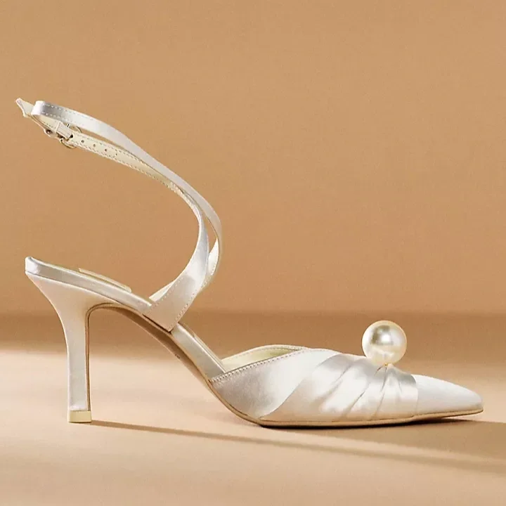 Pearl Satin Kitten Heels with Ankle Strap