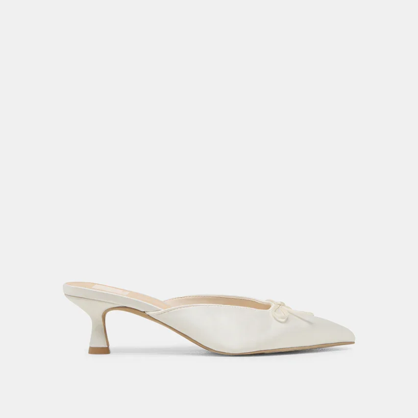 Dolce Vita Kitten Heels in Off White Satin with Small Bow Detail