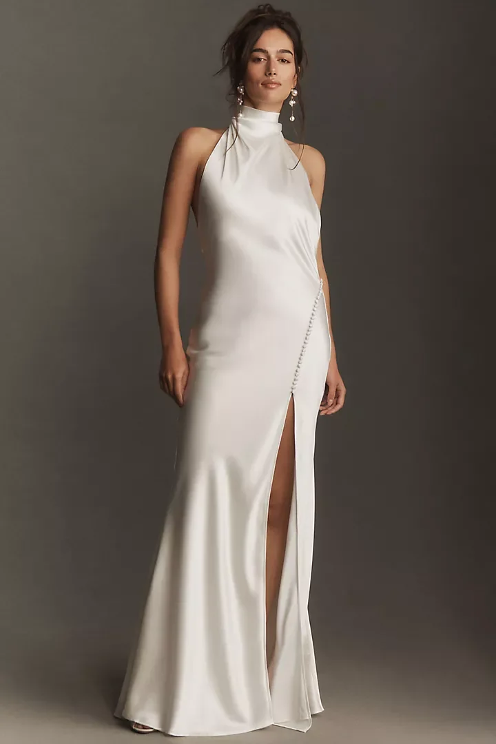 High-neck Open-back Satin Maxi dress with Bow Detail and thigh high slit