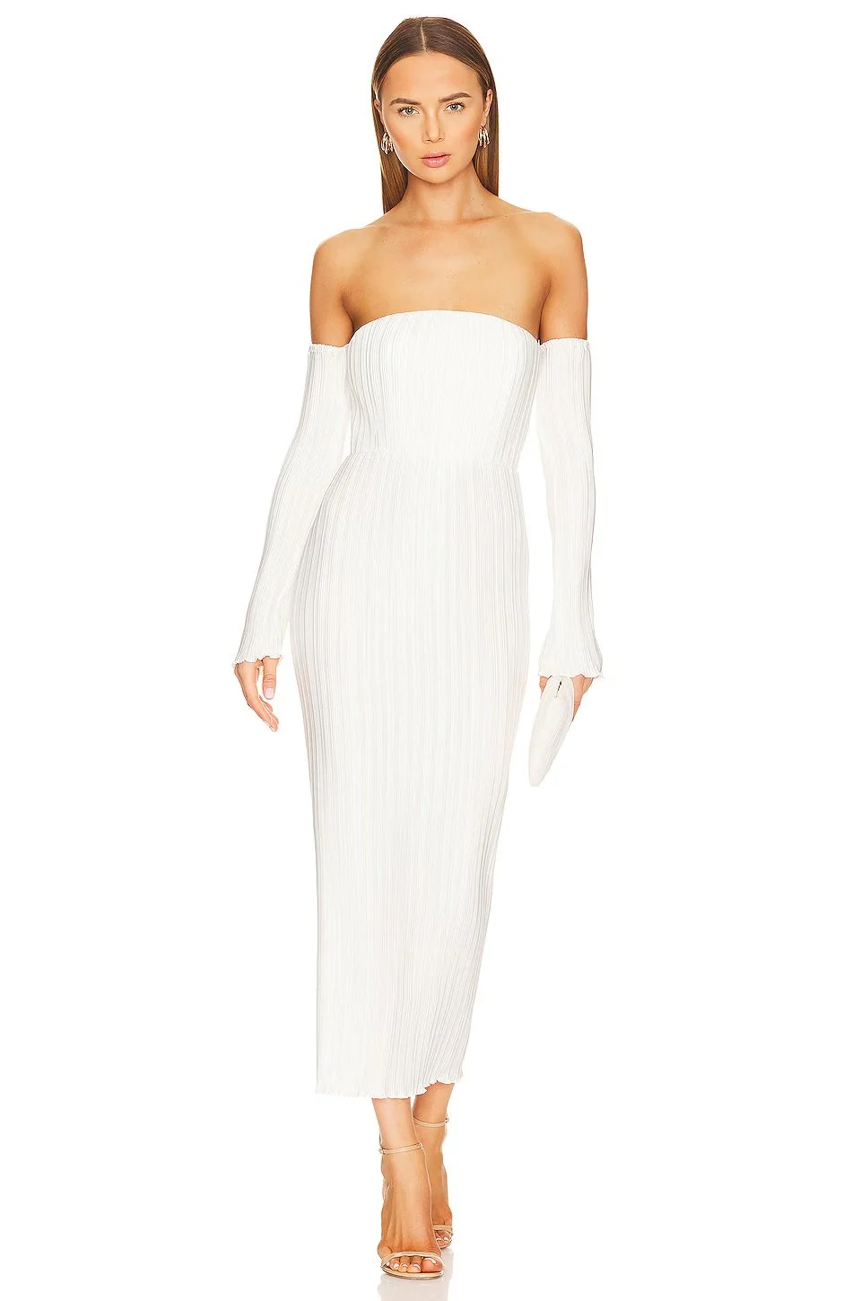 Strapless white midi dress with detachable sleeves