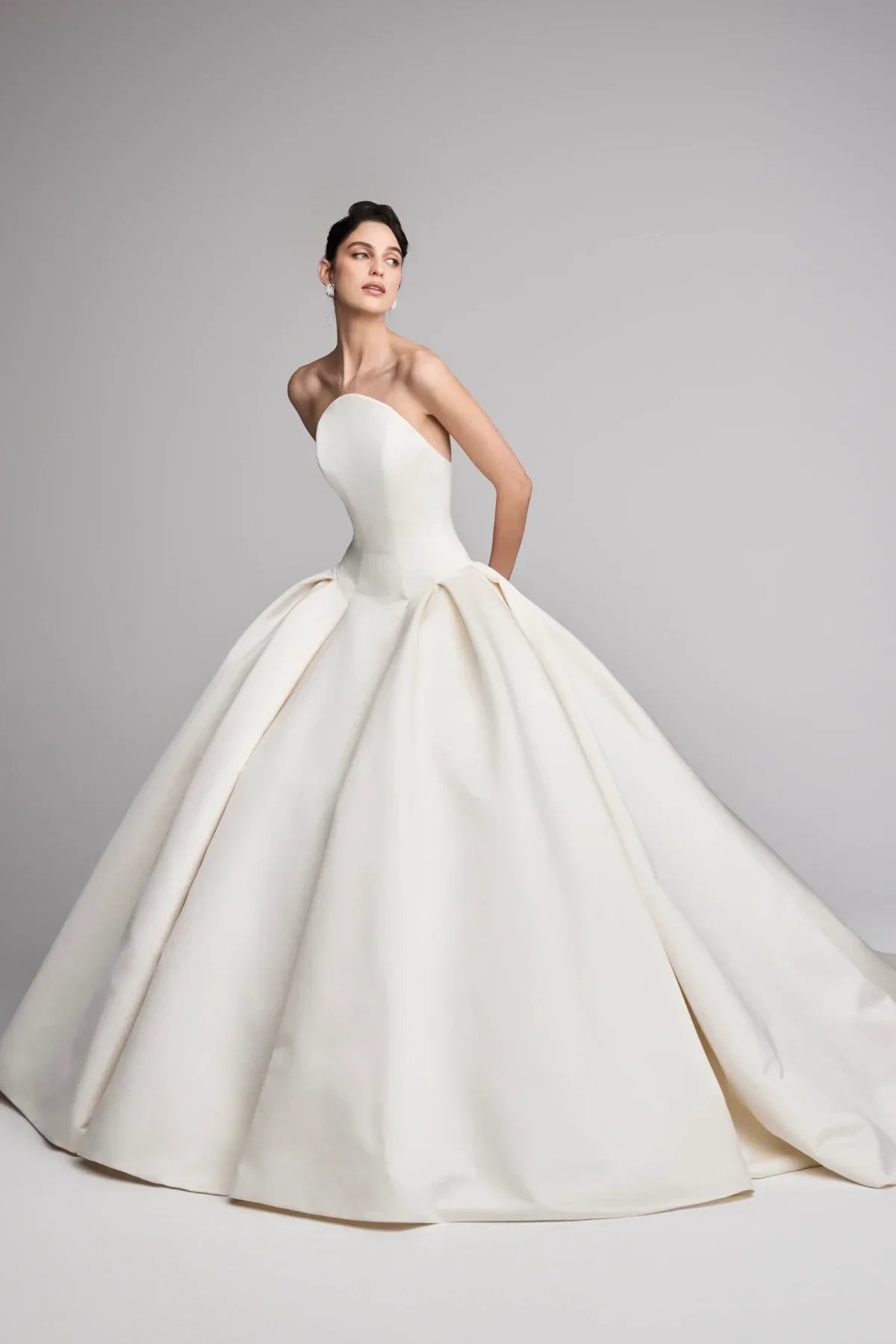 crescent high neckline wedding dress with full satin ballgown