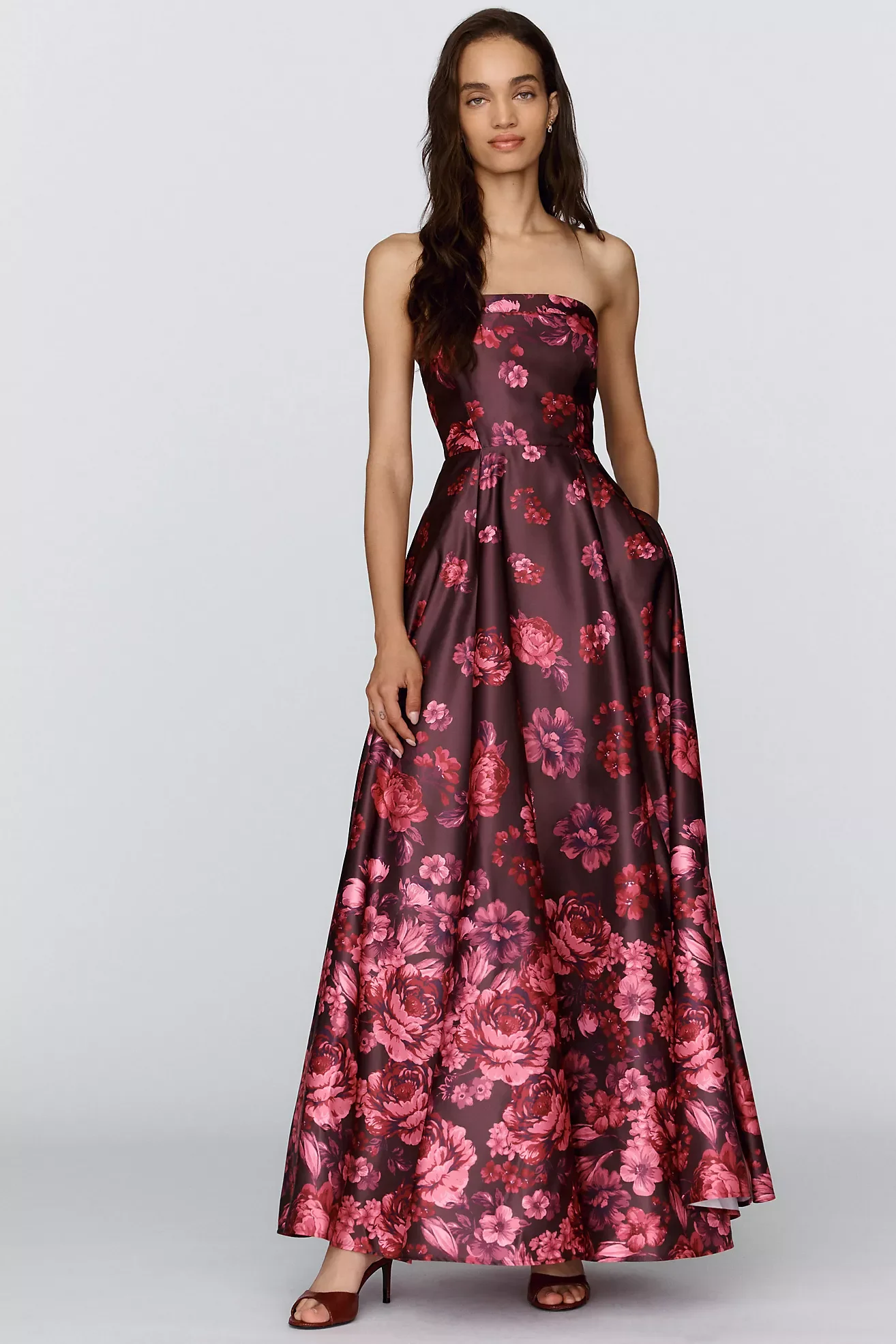 Maroon and Pink Strapless Printed Satin A-Line Maxi Dress