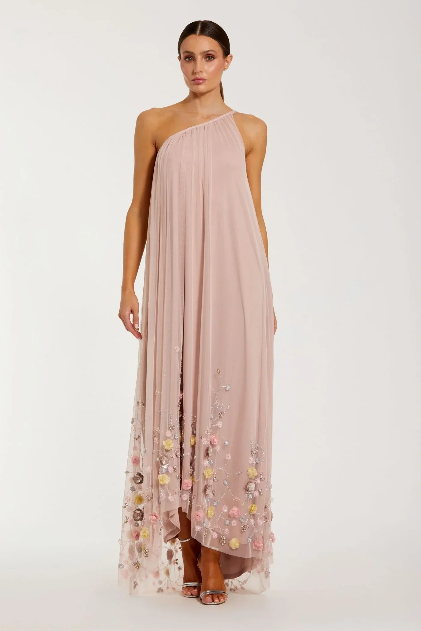 Pink One Shoulder Embellished Trapeze Gown