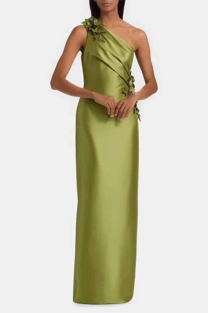 Badgley Mischka One Shoulder Green Formal Dress with Flower Appliques