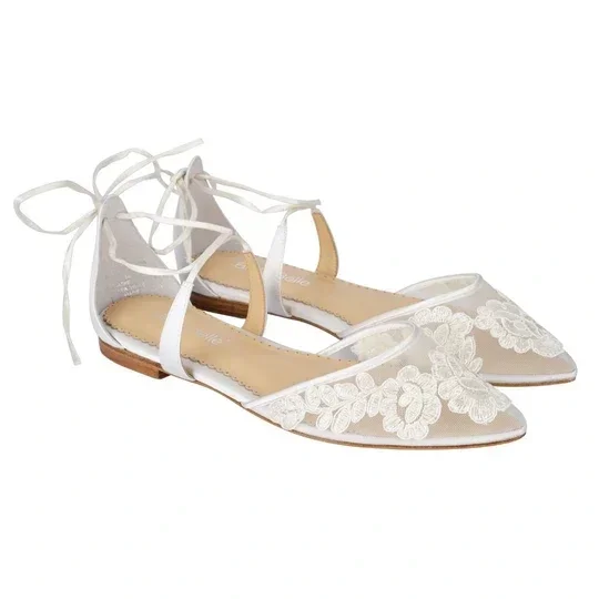 Lace Wedding Ballet Flats with cross ankle strap and ties bows at the heel