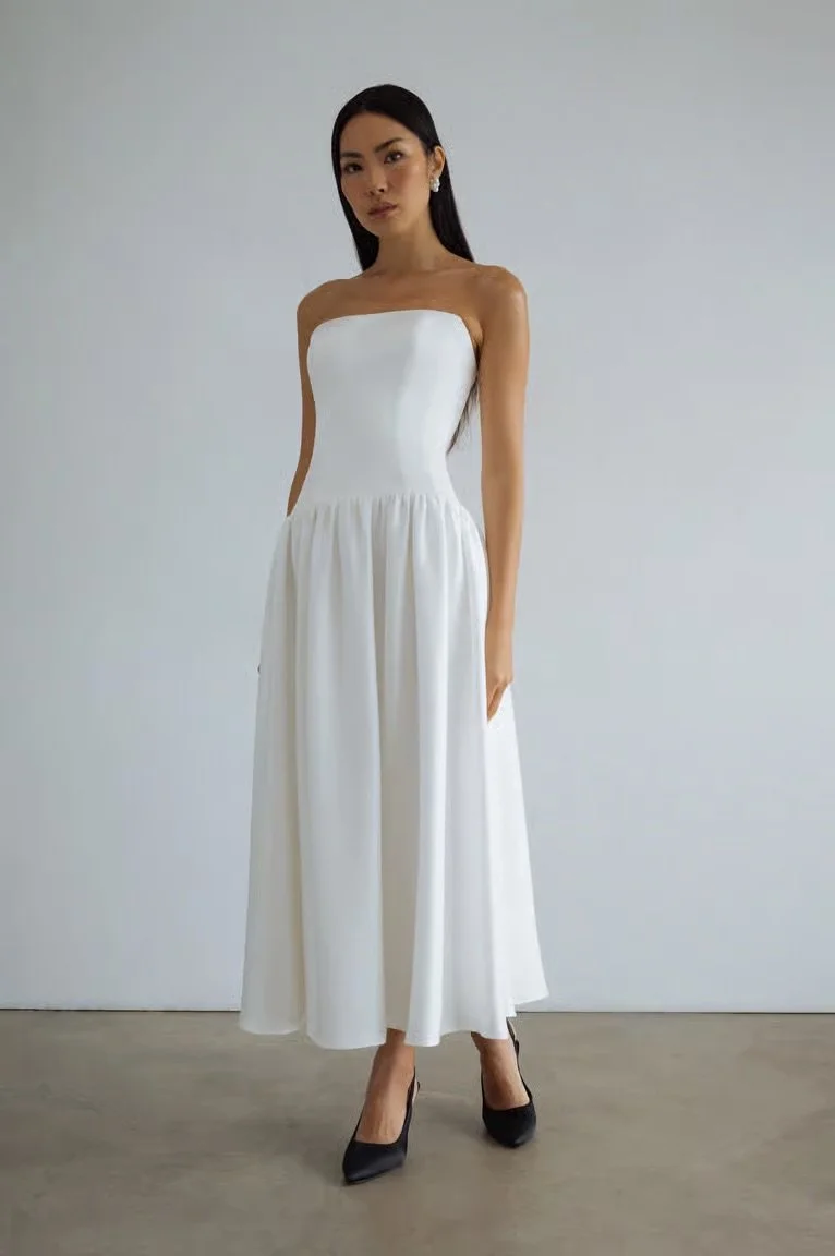 Drop Waist Midi Dress with Structured Bodice and Full Flowing Skirt