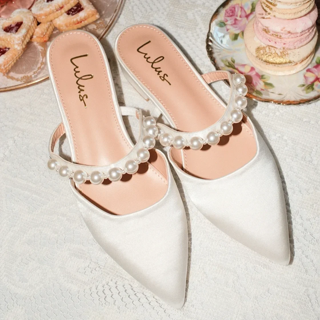 Lulus White Satin Pearl Pointed-toe Mule Slides