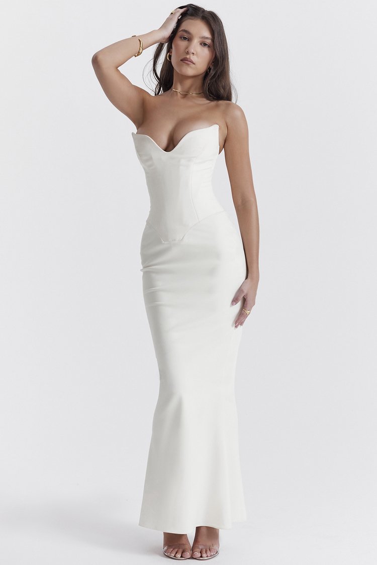 white corset srapless maxi dress