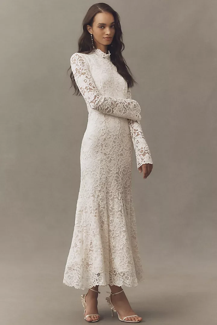 Long Sleeve Mock Neck White Lace Maxi Dress