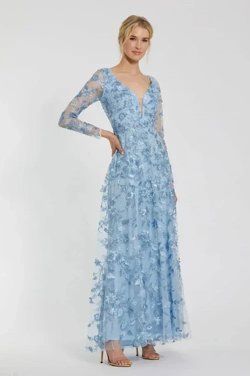Blue floral applique long sleeve illusion gown for mom.