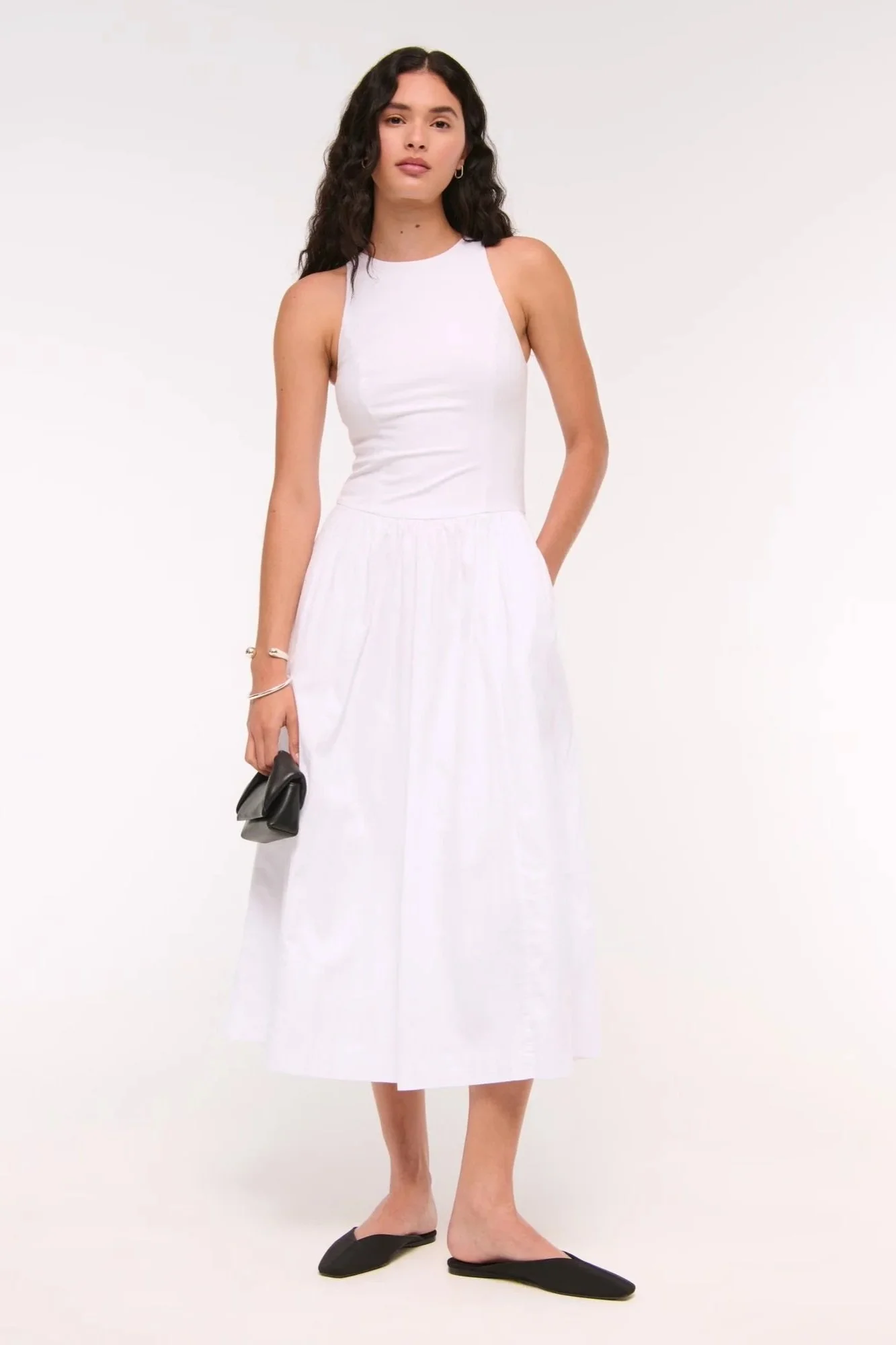 White High Neck Drop Waist Midi Dress