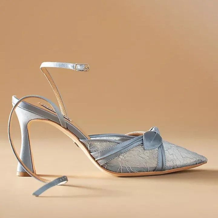 Baby blue lace pointed toe shoes with bow for Bride