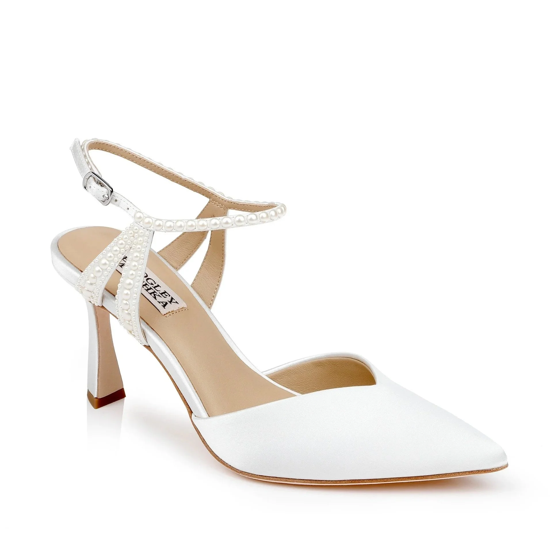 Pointed Toe Satin Pumps with Pearl Details on Straps by Badgley Mischka
