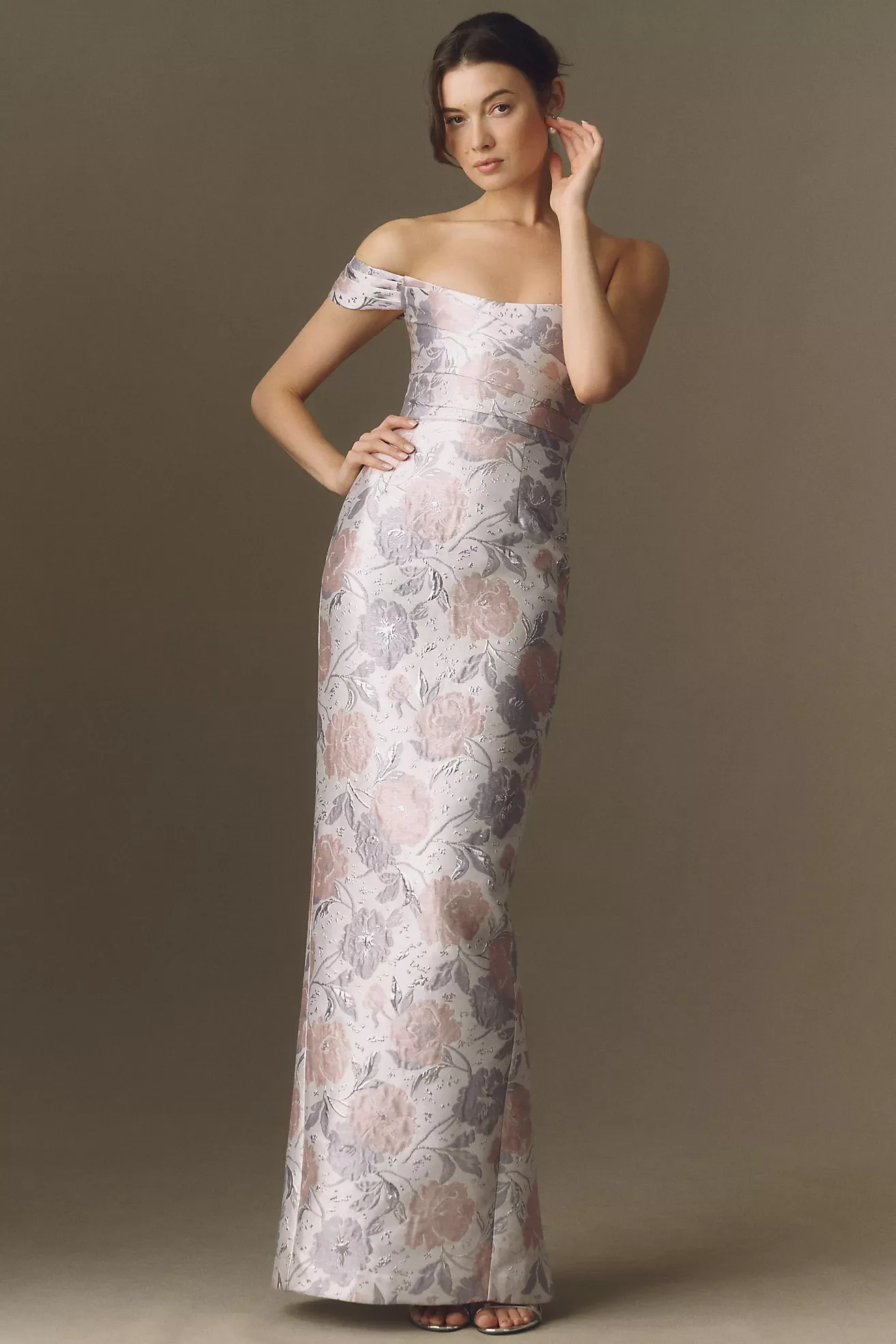 SAU LEE Jackson Asymmetric Jacquard Column Maxi Dress in Lilac with Floral Pattern