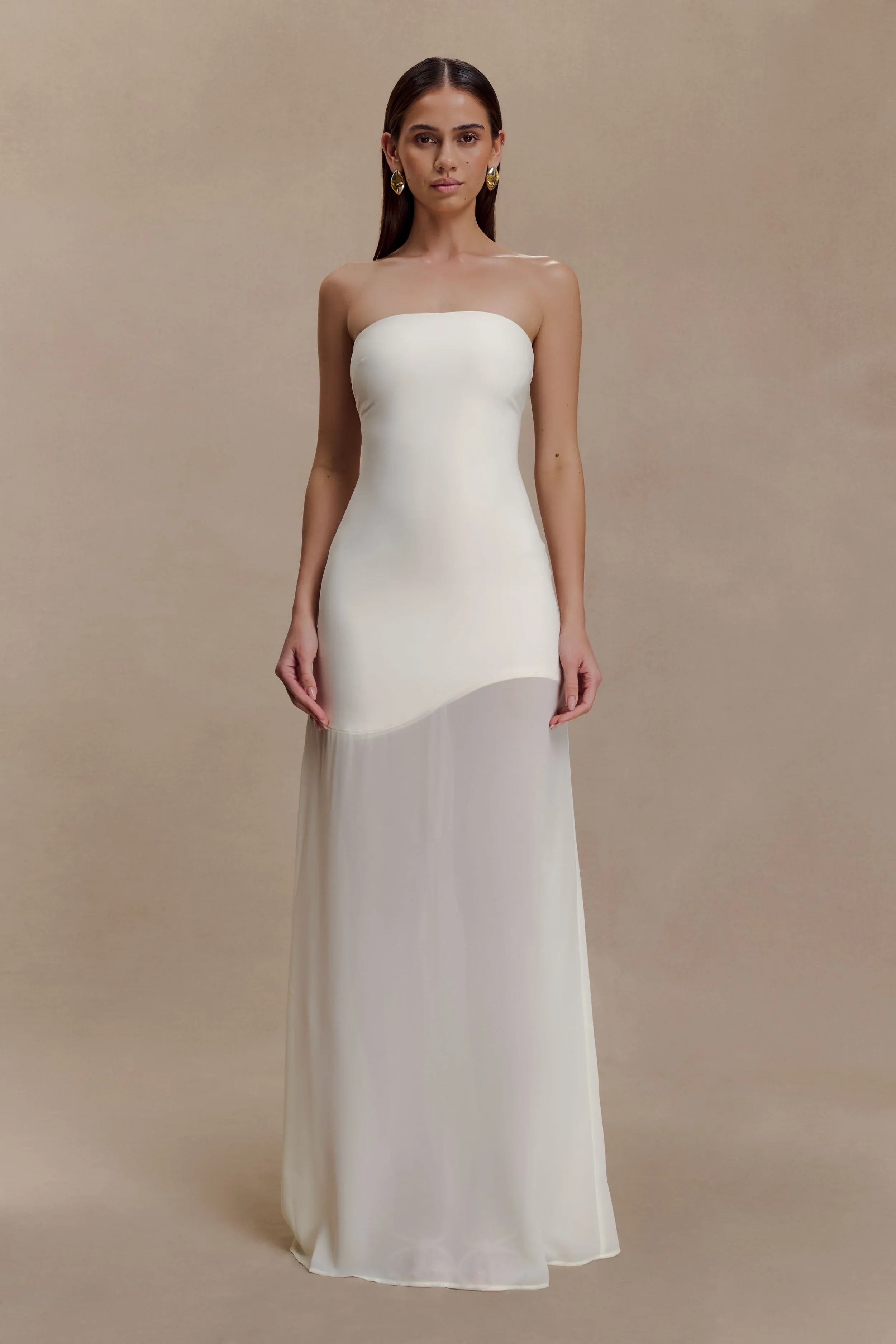 Crepe and Chiffon Strapless Maxi Gown for Rehearsal Dinner