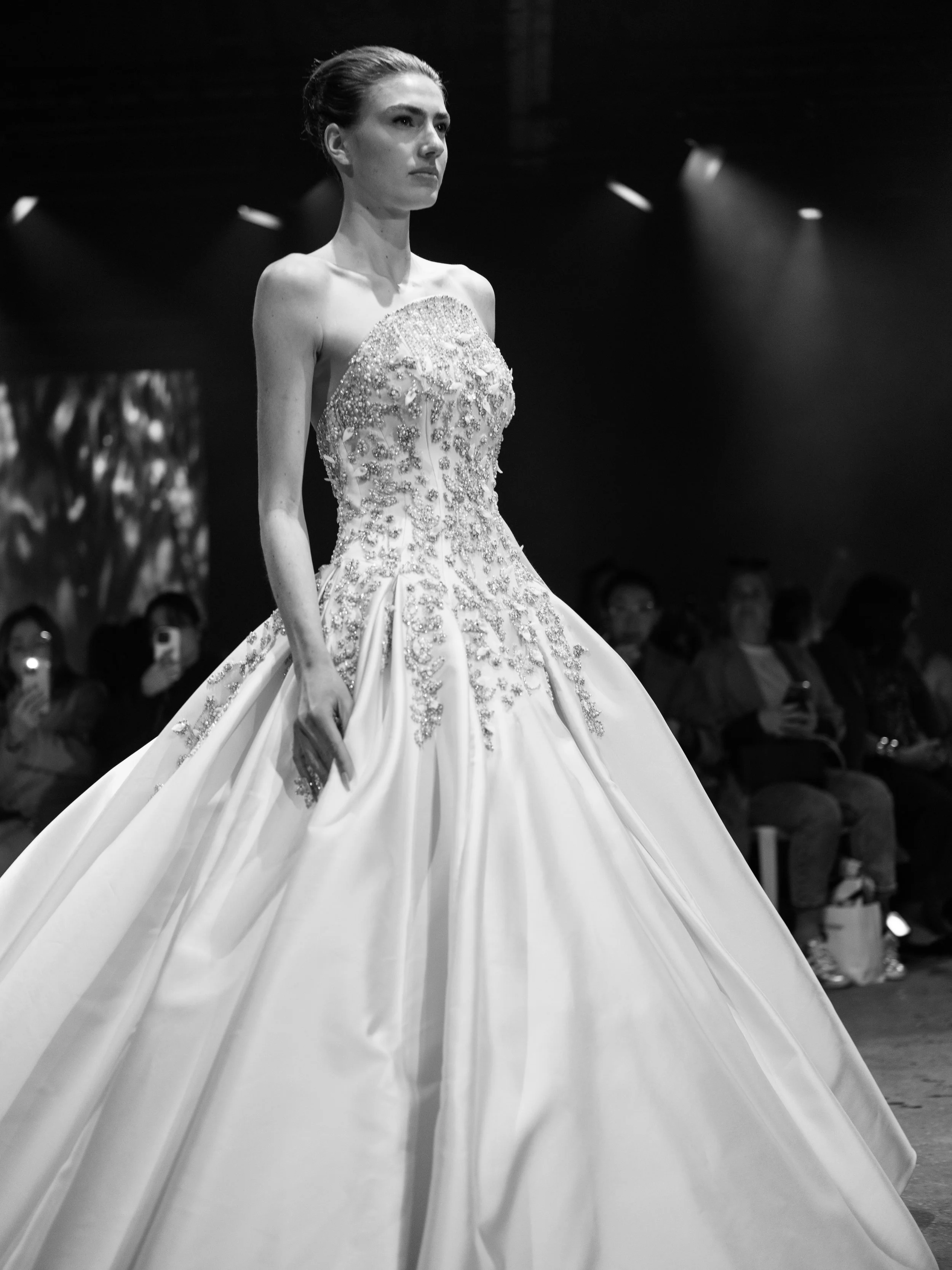 Beaded crescent moon neckline ball gown dress. Ballgown wedding dress with beaded neckline. Crescent moon neckline dress. Ballgown beaded wedding gown.