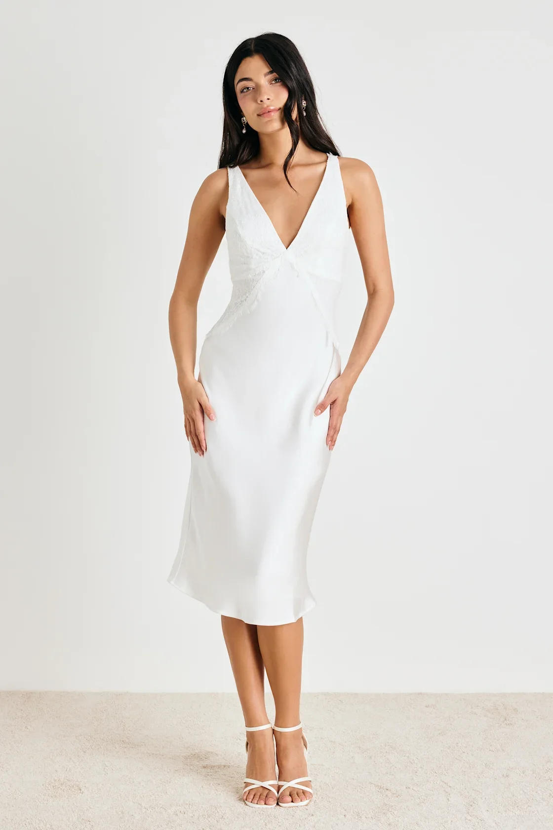 Lulus White Satin Lace Slip Knee Length Dress