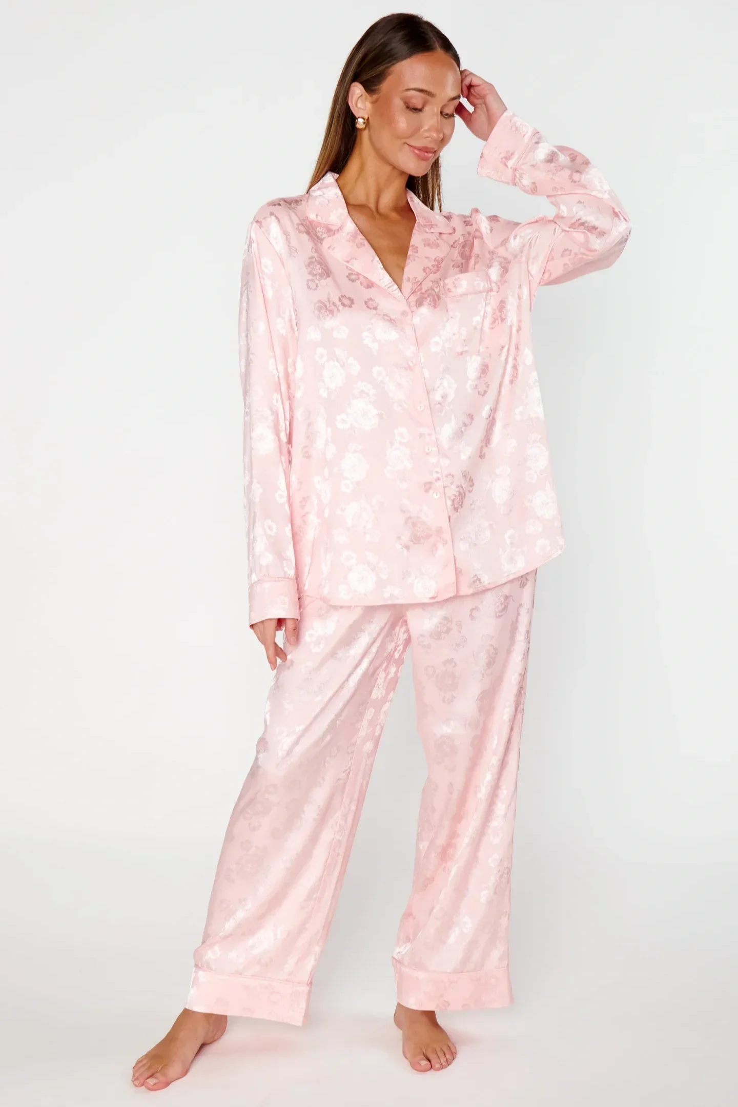 Cropped Silk Pj Set with Pink Floral detail