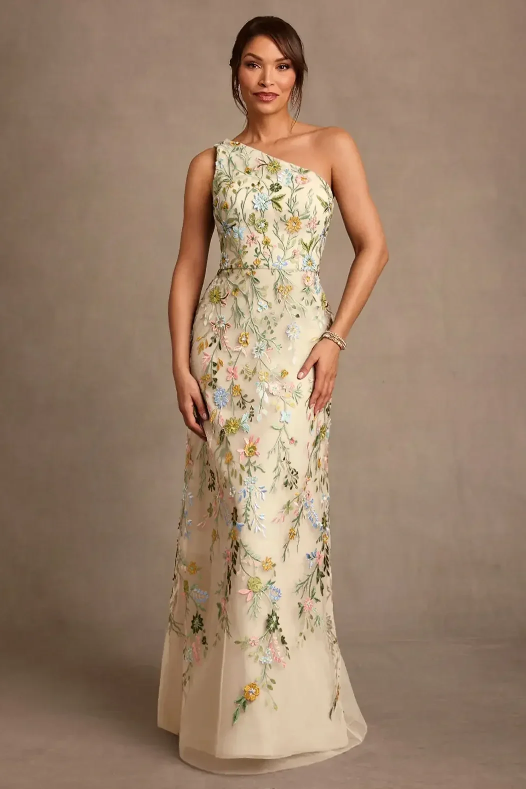 Champagne A-Line Lace Dress with Colorful Floral Details