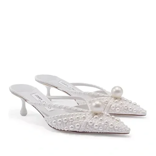 Pointed toe mule pumps with white pearls