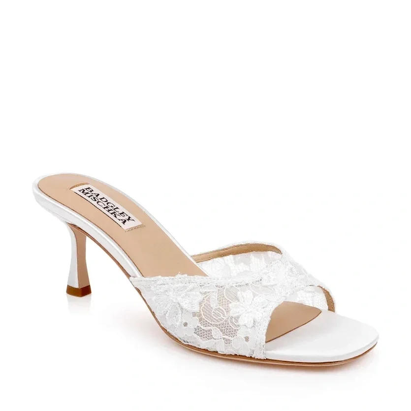 Badgley Mischka White Lace Kitten Heel with Open Toe