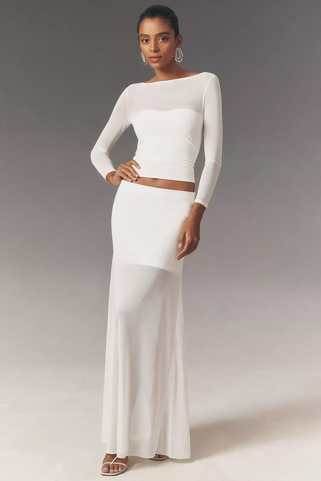 White Sheer Knit long sleeve Top and maxi Skirt Set