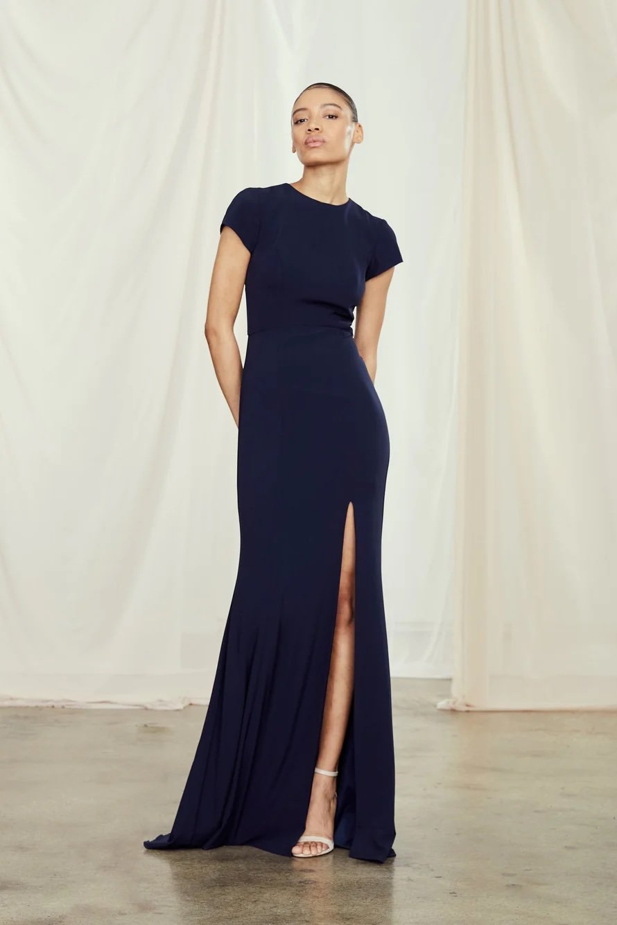 short sleeve maxi bridesmaid dress with leg slit