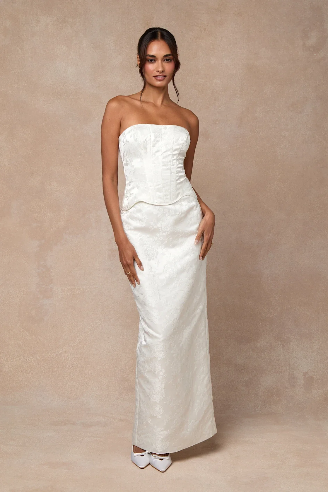 White Satin Jacquard Two-Piece Bustier Maxi Rehearsal dinner dress with corset back