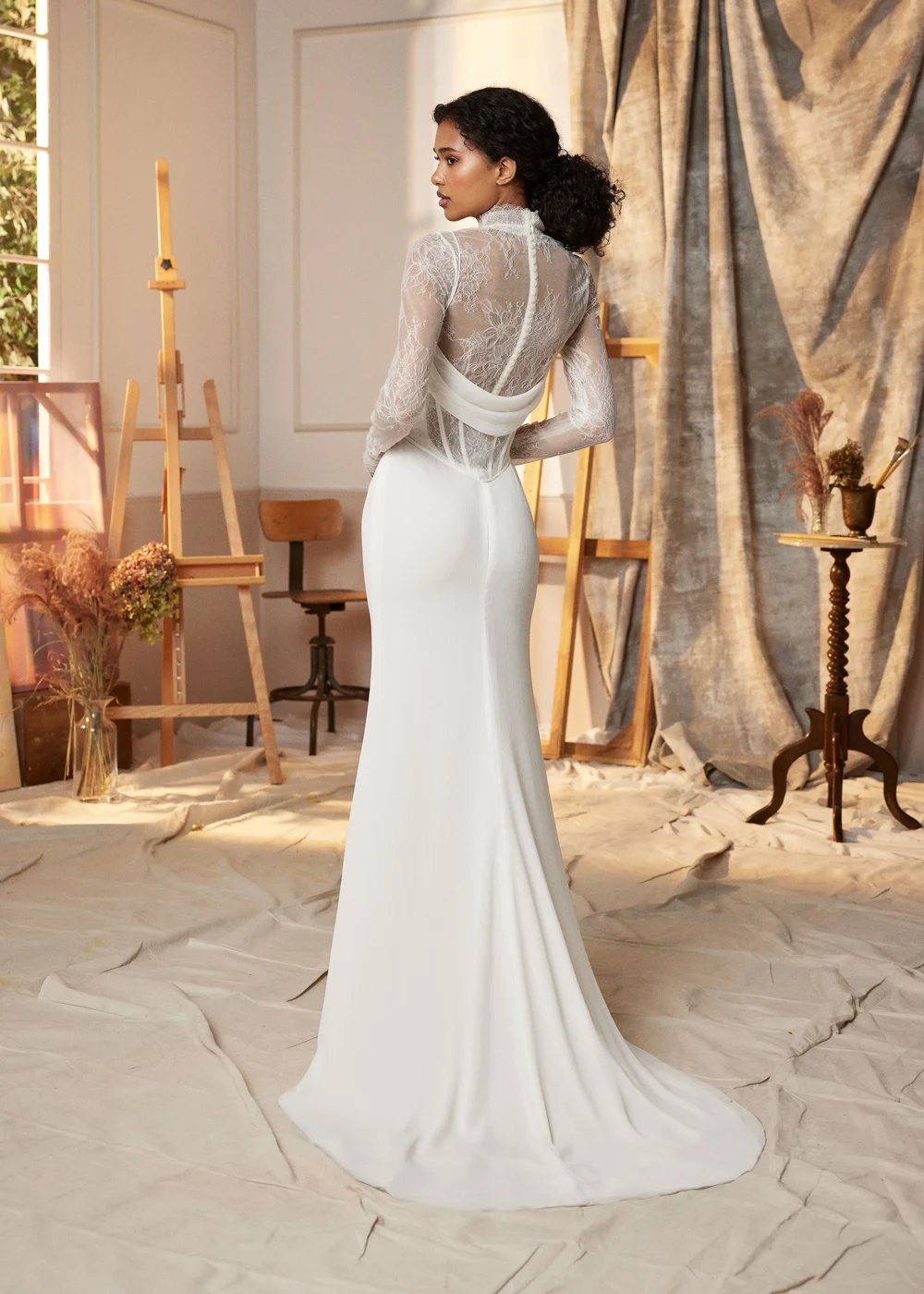 knee length dresses for ladies Lara 51200- Beaded Draped Cowl Back Wedding Gown