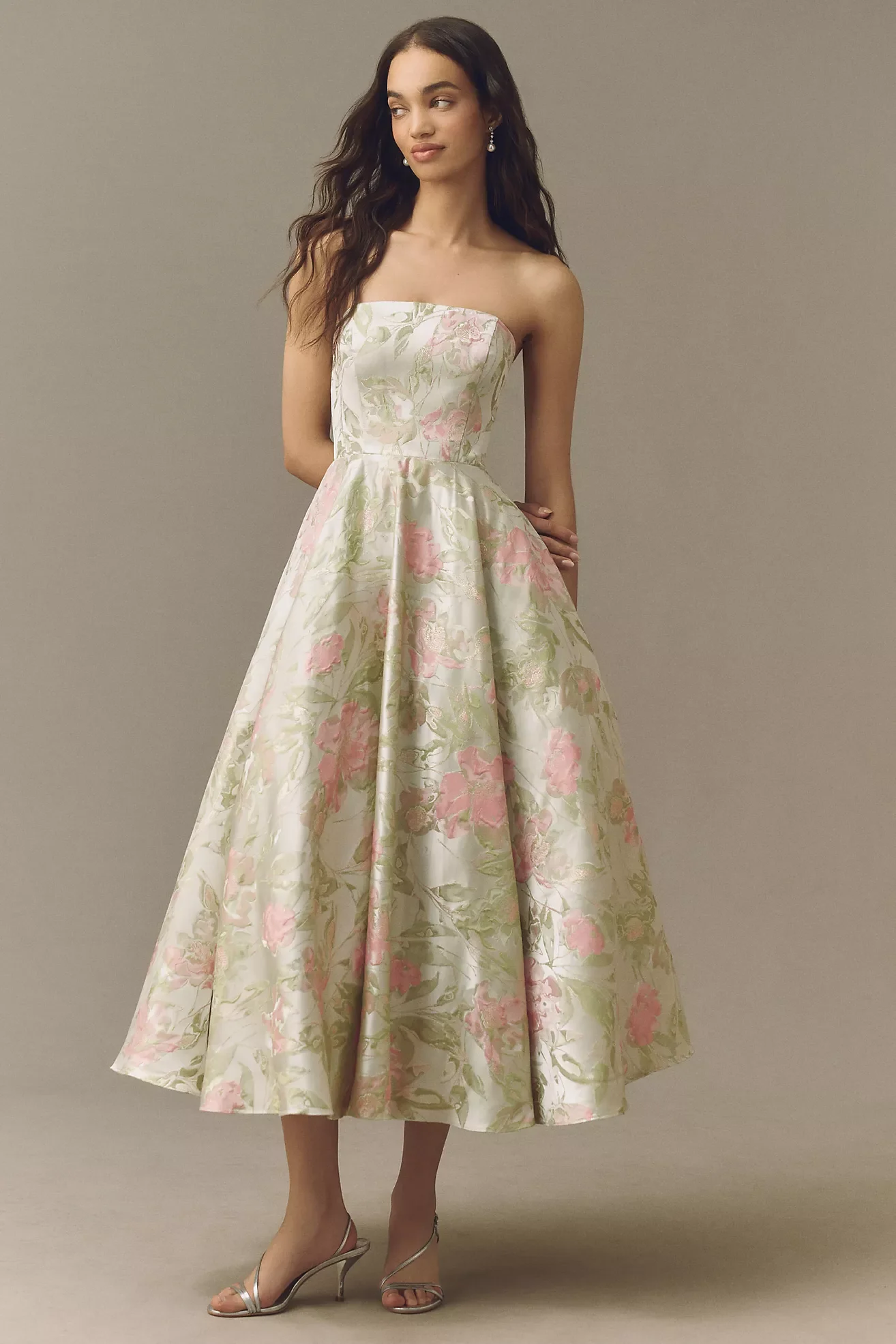 Mac Duggal Floral Strapless Dress in Pink and Green