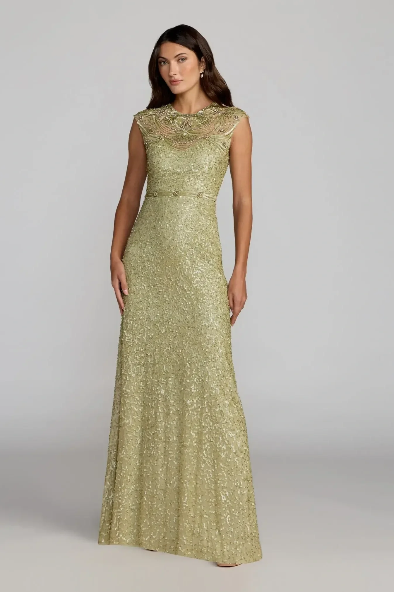 Mac Duggal Green Embellished High Neck Cap Sleeve Gown